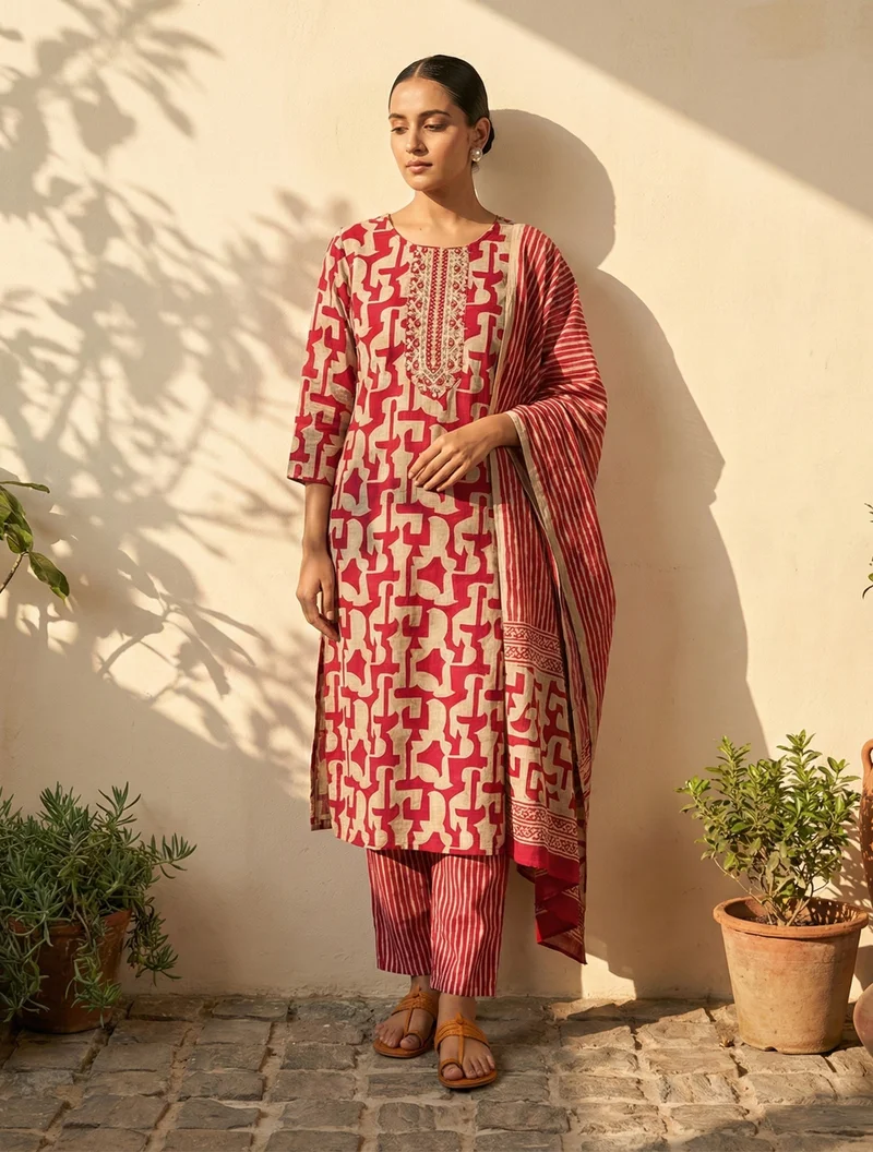 ترو برونز trueBrowns Pink Abstract Print Embroidered Kurta Pant Dupatta Set